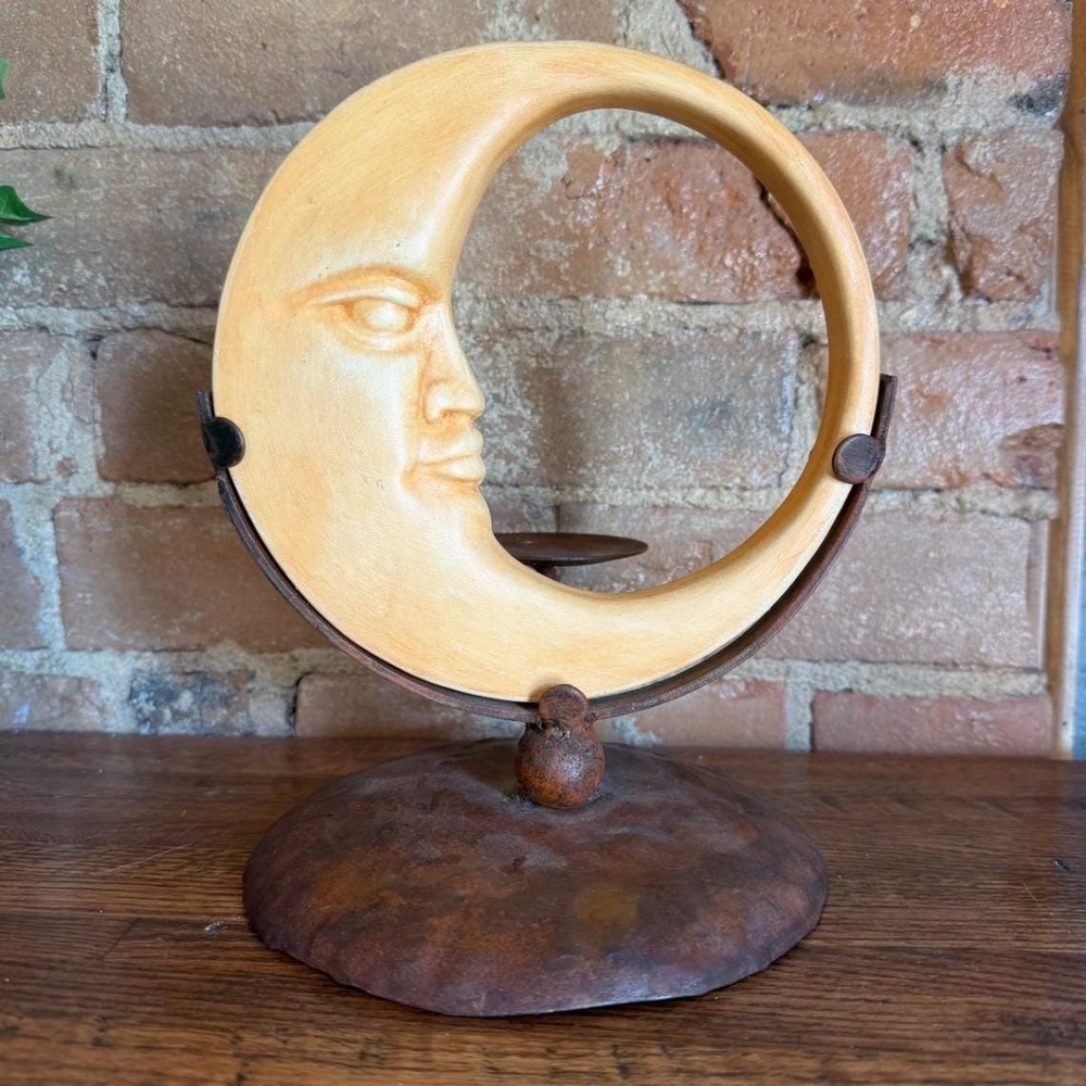 Vintage Las Marias Ceramica Tonala Celestial Moon Candle Holder Whimsigoth